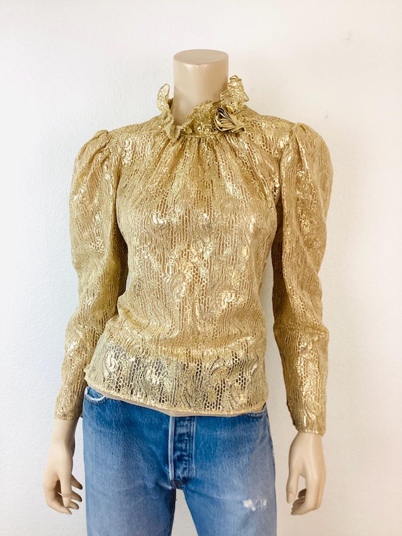 Vintage 1980s GOLD METALLIC LACE Ruffled High Neck Blouse Top - Etsy 