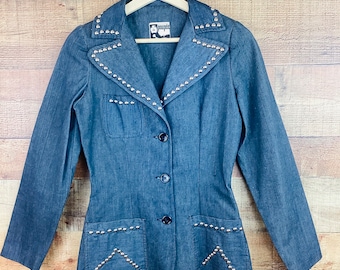 Vintage 1970s SILVER STUDDED DENIM Fitted Jean  Jacket