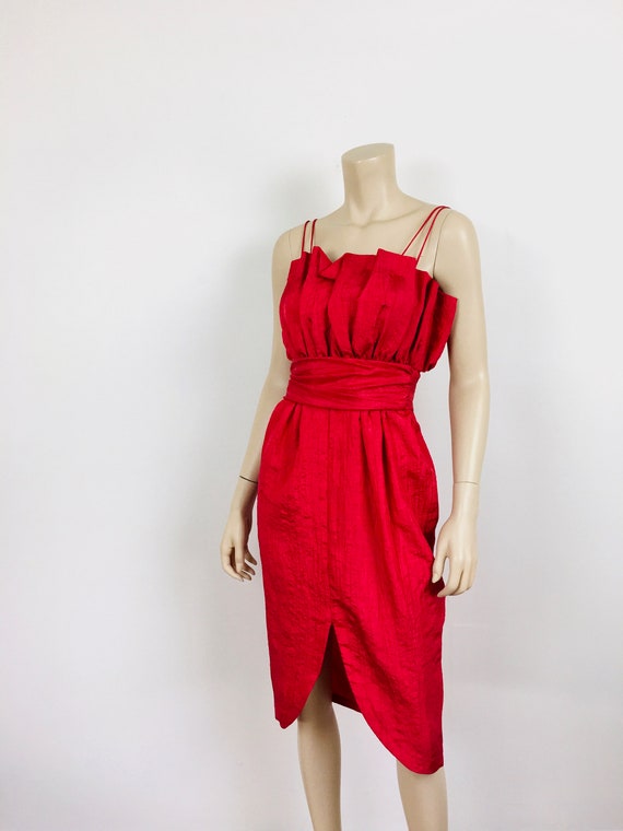 Vintage 1980s RED PLEATED Bust CRINKLED Party Dre… - image 5