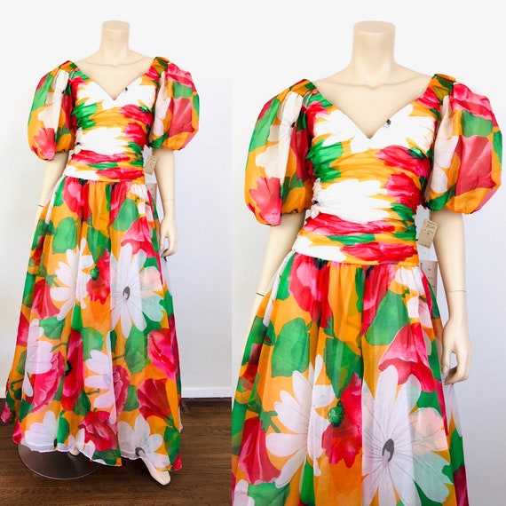 Vintage 1980s FLORAL PRINT Colorful SILK Party / B