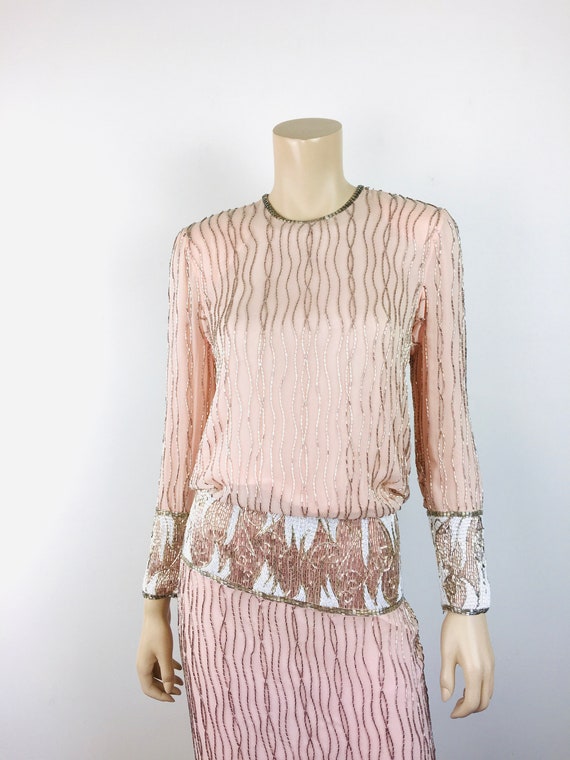 Vintage 1980s Pale PEACH SILVER BEADED Black Tie … - image 3