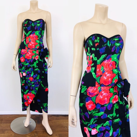 Vintage 1980s COLORFUL Black FLORAL Print Straple… - image 1