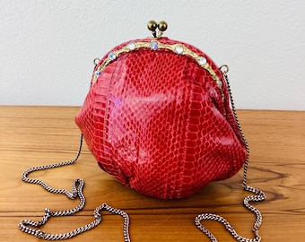 Vintage 1980s RED SNAKESKIN & RHINESTONE Shoulder Bag / Purse