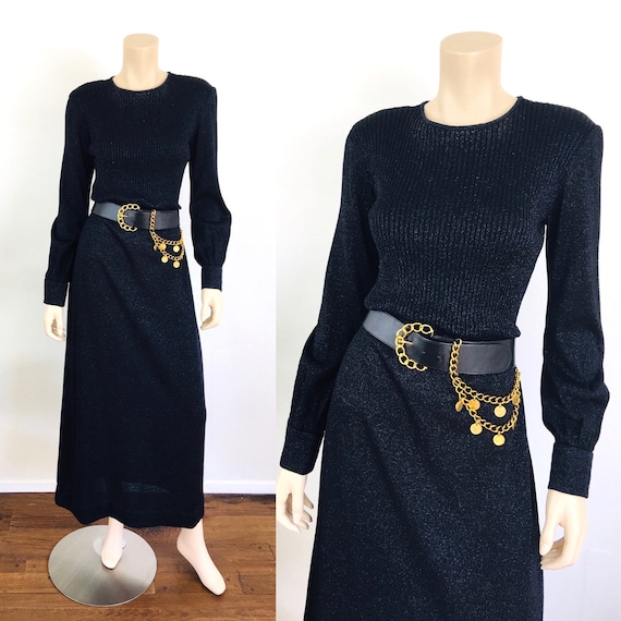 Vintage 1970s BLACK METALLIC Lurex Sweater Maxi Dr