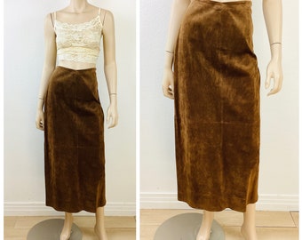 Vintage 1990s BROWN SUEDE Ralph Lauren LEATHER Minimalist Midi Skirt
