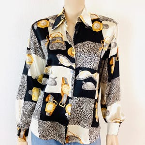 Vintage 1980s BLACK & GOLD LEOPARD Animal Print Novelty Blouse Top