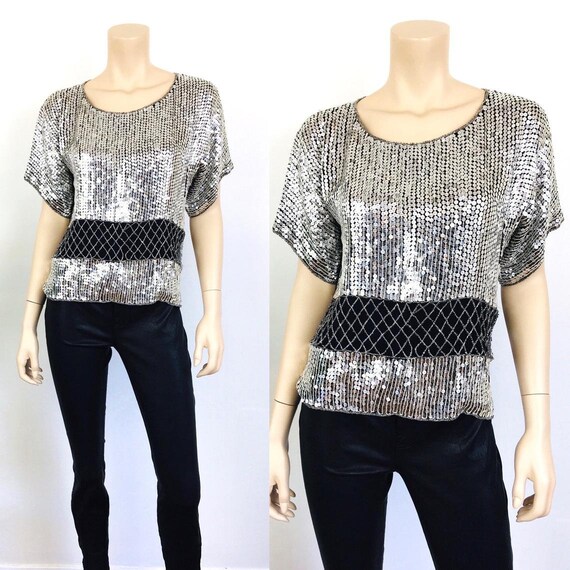 Vintage 1980s SILVER METALLIC Sequin BEADED Top /