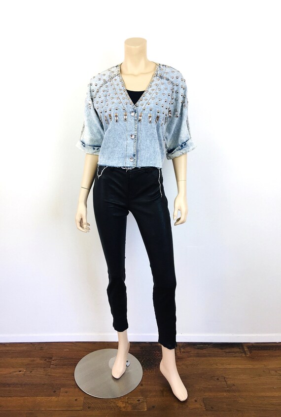 Vintage 1980s STUDDED ACID WASH Cropped Denim Emb… - image 2