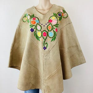 Vintage 1970s FLORAL EMBROIDERED SUEDE Leather Poncho Jacket Coat / Hippie Boho Festival Style