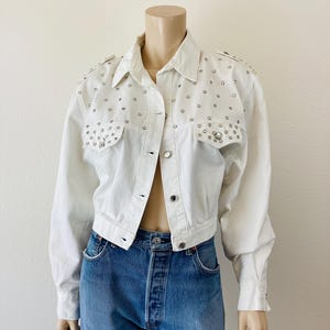 Vintage 1980s CRYSTAL STUDDED & Embellished White Denim Crop Jacket