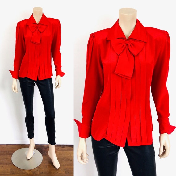 Vintage 1980s RED OLEG CASSINI Pleated Pussy Bow N