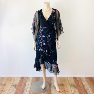 Vintage 1980s RUFFLED BLACK FLORAL Print Sheer Wrap Dress