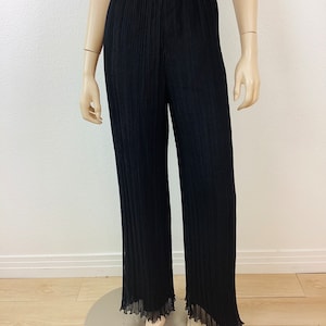 Vintage 1980s PLISSE PLEATED Black Chiffon Wide Leg Pants
