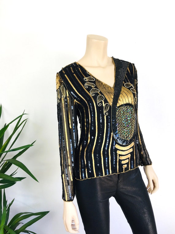 Vintage 1980s ART DECO Style SEQUIN Beaded Gold M… - image 4