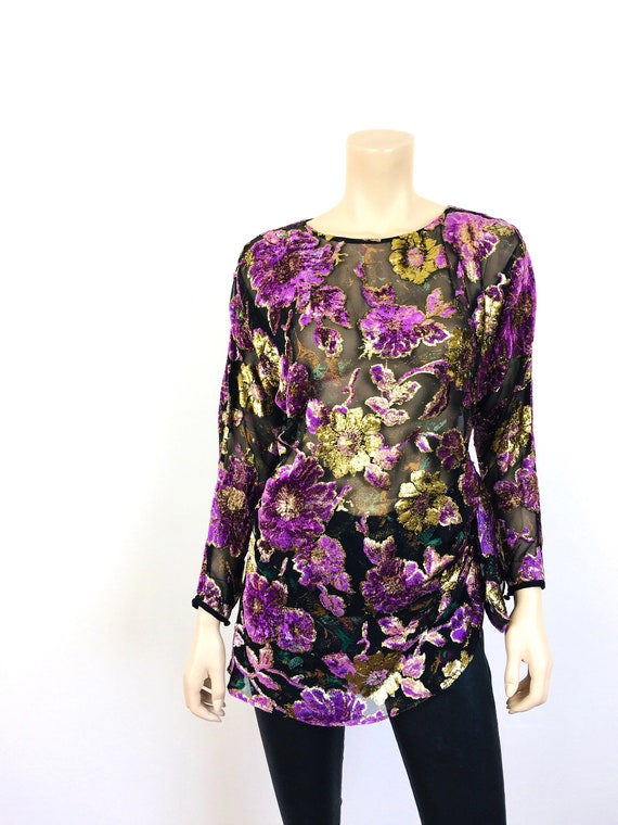 Vintage 1980s BURNOUT Silk VELVET & Gold METALLIC… - image 3