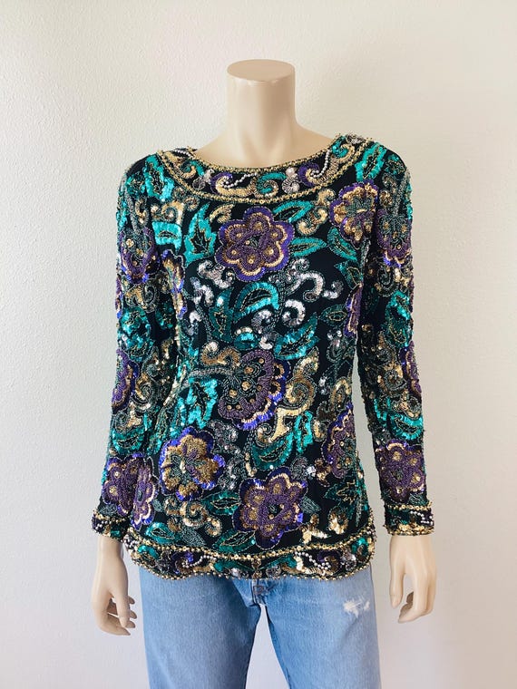 Vintage 1980s FLORAL BEADED Oleg Cassini Silk Blouse
