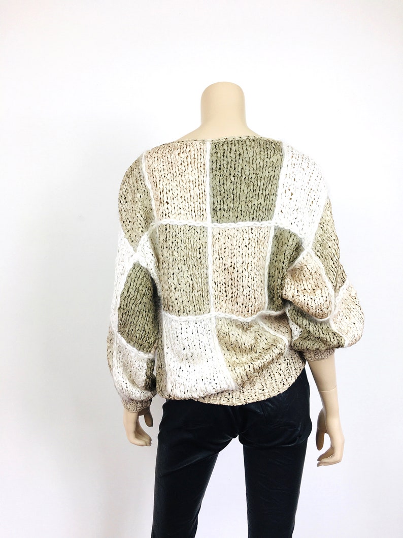 Vintage 1980s CROCHET RIBBON & ANGORA Color Block Taupe Slouchy Sweater Top image 6