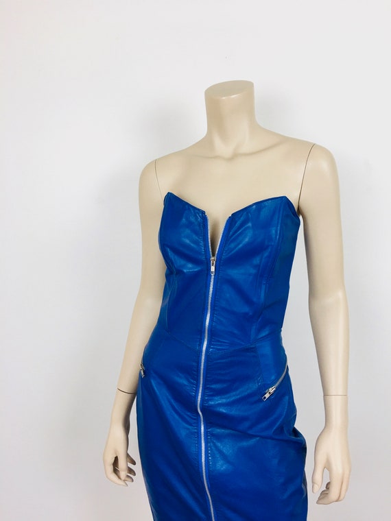 Vintage 1980s ELECTRIC BLUE LEATHER Strapless Bus… - image 4