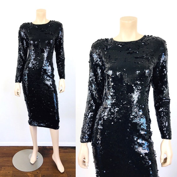 Vintage 1980s Black LIQUID SEQUIN BEADED Body Con… - image 1