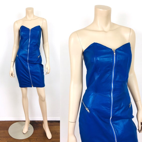 Vintage 1980s ELECTRIC BLUE LEATHER Strapless Bus… - image 1