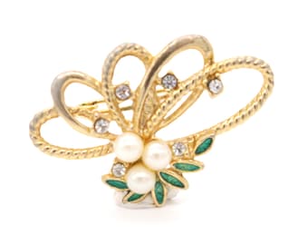 Vintage Abstract Brooch | Gold Tone | Green Accents | Brooch Pin