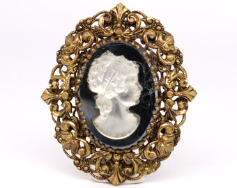 Vintage Gold Tone Cameo Brooch | Vintage Filigree Cameo Pin | Hematite and Shell Cameo Brooch | Cameo Brooch | Gold Tone Cameo Pin |