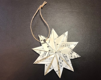 Christmas Paper Origami Decoration | Hanging Star Ornament | Small | Up-cycled Vintage | Sheet Music | Japanese | Eco | Gift For Musicians