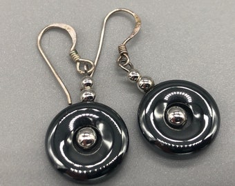 Vintage Hematite Silver Earrings | Vintage 925 Silver Hematite Donut Drop Earrings | Vintage Hematite Hanging Earrings | Earrings | 371