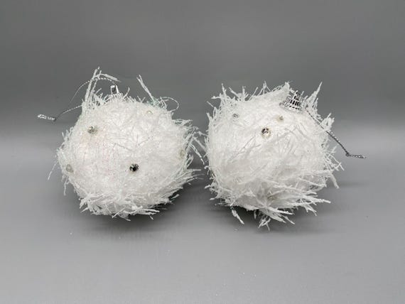 2 Sparkly White Glitter Fuzzy Rhinestone Hanging Christmas Tree Ornament Bauble Decoration