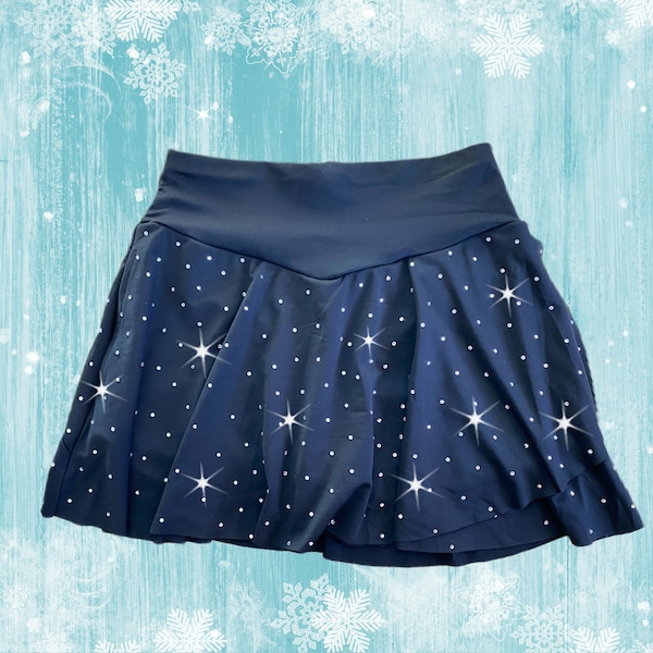 Sparkly Black Figure Skating Skirt with Attached Shorts | Rhinestone Crystal Decorated Sports Skirt With Sewn in Pants | Ice Skating Skort