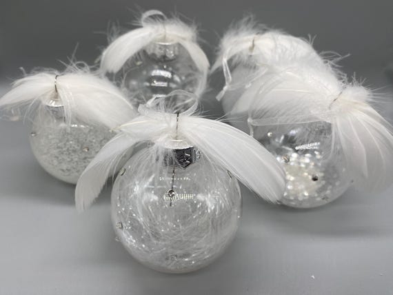 5 Sparkly Transparent White Feather Glitter Bead Pearl Rhinestone Hanging Christmas Tree Ornament Bauble Decoration