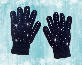 Sparkly Black Rhinestone Gloves | Soft Warm Black Figure Skating Gloves | Rhinestone Crystal Stone Black Skating Gloves | Winter Sparkle