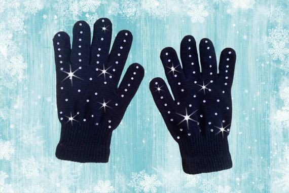 Sparkly Black Rhinestone Gloves | Soft Warm Black Figure Skating