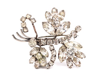 Vintage Flower Brooch | Silver Tone | Rhinestone Clusters | Floral | Brooch Pin