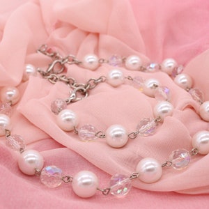 Vintage Jewellery Set | Faux Pearl Necklace and Bracelet Set | AB Beads | Aurora Borealis Beads | Pink Vintage Necklace | Silver Tone | 239
