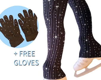 Adult Black Sparkly Rhinestone Long Legwarmers | Long Over the Boot Figure Skating Legwarmers | Over the Knee Length Legwarmers | Sparkly