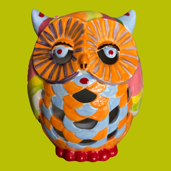 Owl Candle Holder | Owl Tea Light Holder | Owl Lamo | Hand Painter Ceramic Owl Ornament | Rainbow Owl | Pottery Owl | Nursery Decor | Kids