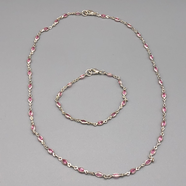 Vintage Pink Bracelet Necklace Set | Vintage Silver Tone Pink Crystal Necklace and Bracelet Set | Vintage Silver Tone Jewellery Set | 303