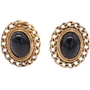 Vintage Clip-On Earrings Black Stone Cabochons Vintage Jewellery Clip On Earrings Gold Tone Minimalist Statement earrings 253 image 1