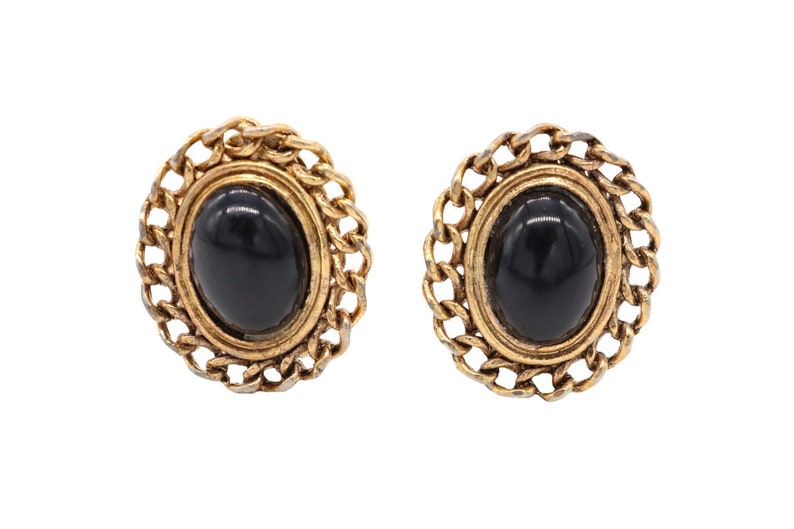 Vintage Clip-On Earrings Black Stone Cabochons Vintage Jewellery Clip On Earrings Gold Tone Minimalist Statement earrings 253 image 1
