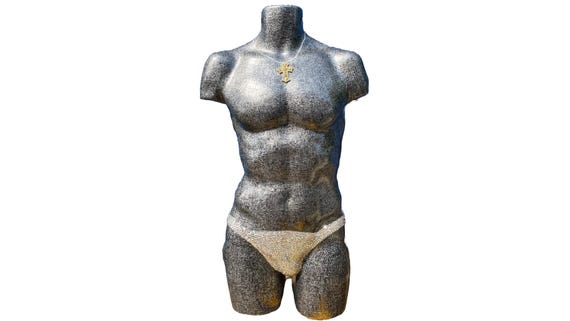 Male Torso Mannequin Black and Silver Decoupage with Sparkly Rhinestone Crystals Handmade Display