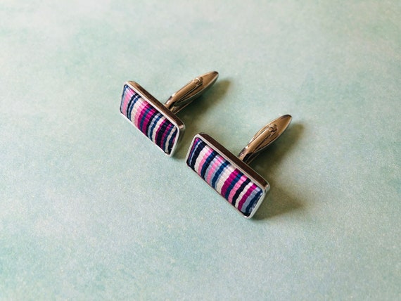Vintage Rectangle Material Striped Cufflinks | Vi… - image 3