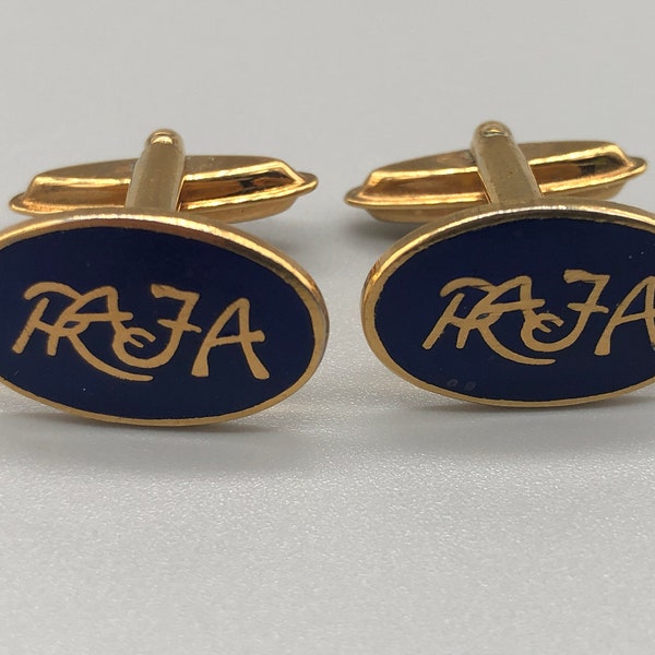 Vintage Oval Sophos Gold and Blue Cufflinks | Vintage RAJA Gold Tone Cufflinks | Designer Cufflinks | Vintage Cuff Links Initials RAJA | 705