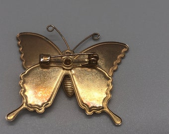 Broche Papillon Ancienne En Argent Massif émaillé – Marron Orangé – Vintage Français