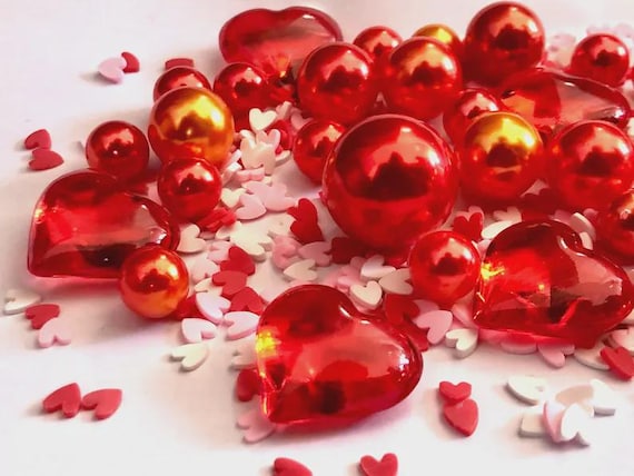 Red Heart Vase Filler | Red and White Table Confetti | Heart and Pearl Vase