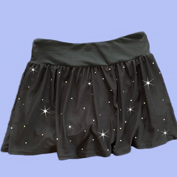 Sparkly Black Figure Skating Skirt with Attached Shorts | Rhinestone Crystal Decorated Sports Skirt With Sewn in Pants | Ice Skating Skort