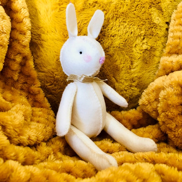 Soft White Cuddly Toy Lapin lapin | Jouet de farce hypoallergénique 100% feutre de laine fait à la main | Bébé Enfant Câlin Peluche Peluche Lapin Lapin