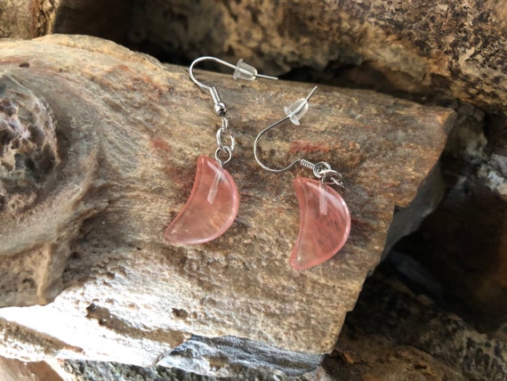 Pink Peach Quartz Earrings | Moon Shaped Crystal Dangle Earrings | Pretty Minimalist Earrings | Handmade Crystal Earrings | Silver Tone