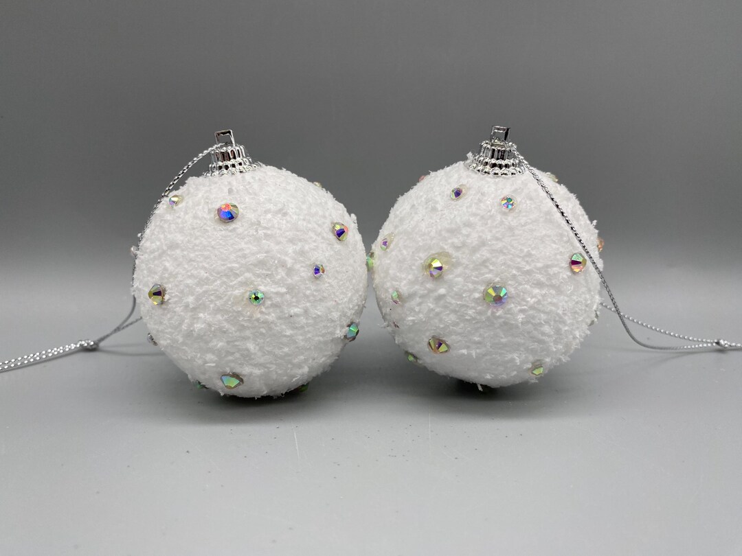 2 Sparkly White Glitter Snow Rhinestone Hanging Christmas Tree Ornament ...
