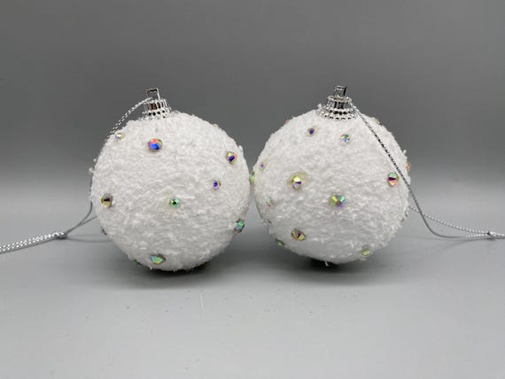 2 Sparkly White Glitter Snow Rhinestone Hanging Christmas Tree Ornament Bauble Decoration